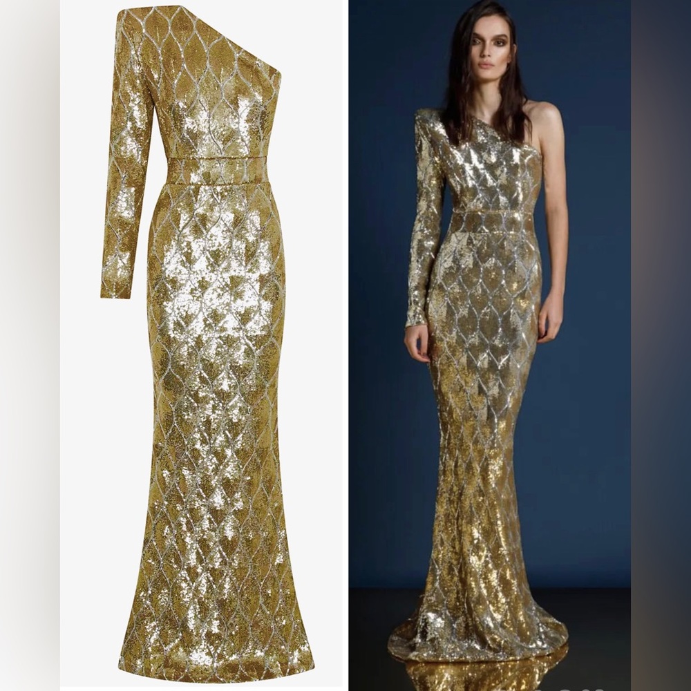 Zhivago Gold One-Shoulder Sequin Gown